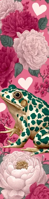 Free printable frog bookmark featuring white and green frog with pink flowers